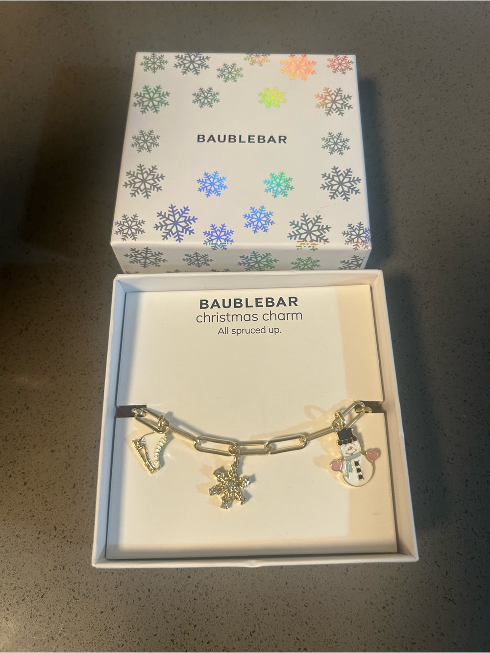 BaubleBar Gold Charm Bracelet with Snowman, Ice Skate mitten & Snowflake Charms